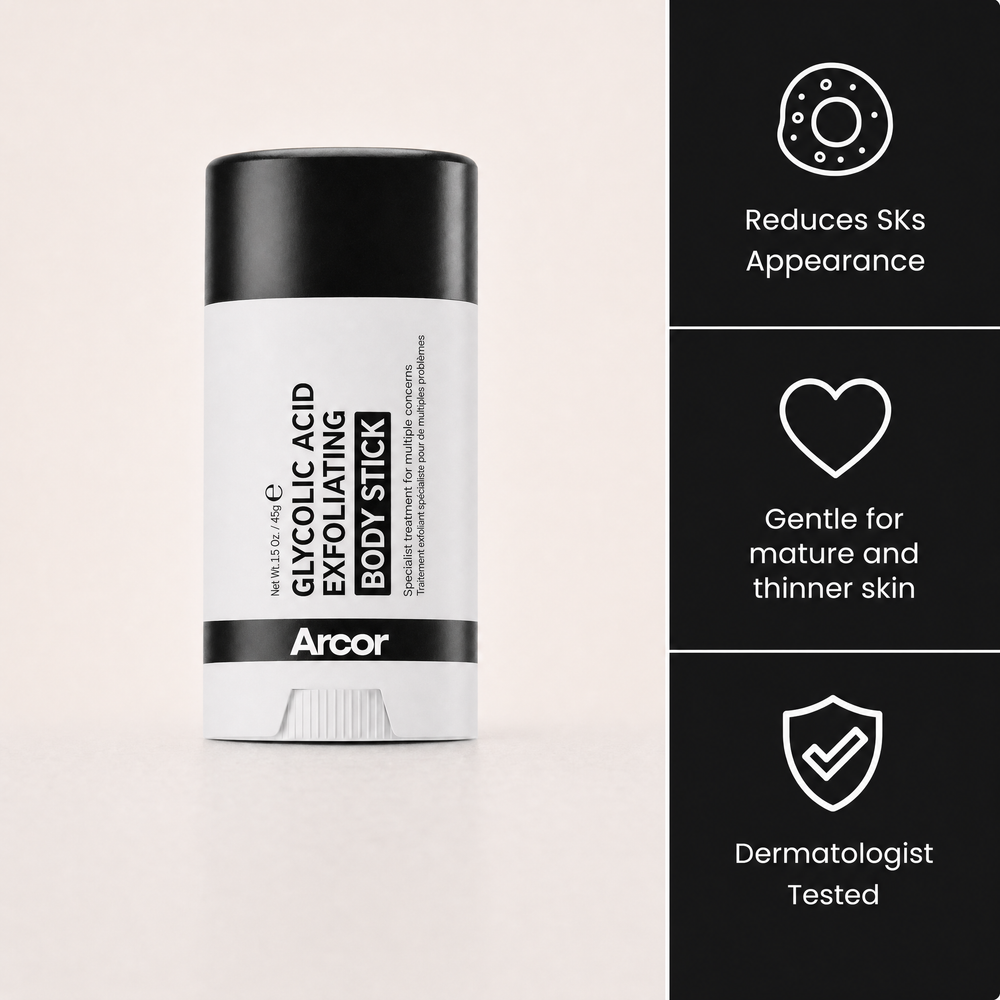 Arcor body stick with three benefits: reduces the appearance of SKs, gentle for mature and thinner skin, dermatologist tested